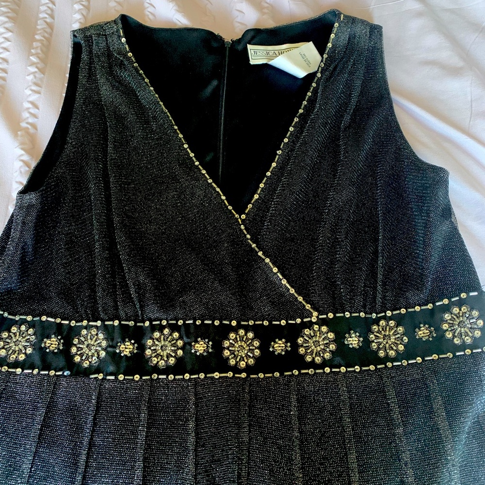 Jessica Howard knee length metallic black embellished cocktail dress.